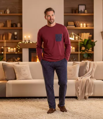 Dwukolorowa piżama z wzorzystej bawełny Mężczyzna Atlas For Men - Kolor : Bordowy - Rozmiar : 4XL