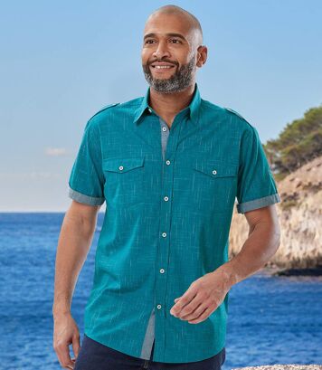 Popelinowa koszula z krótkim rękawem Yachting Sail Coast Mężczyzna Atlas For Men - Kolor : Niebieski - Rozmiar : 4XL
