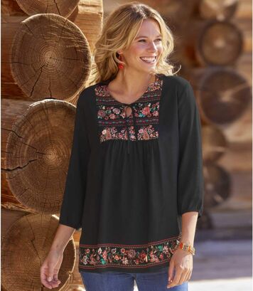 Wiskozowa bluzka w stylu Folk Kobieta Atlas For Men - Kolor : Czarny - Rozmiar : 36/38