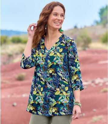 Bluzka z krepy z roślinnym nadrukiem Kobieta Atlas For Men - Kolor : Motywy - Rozmiar : 36/38