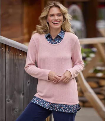 Cienki sweter 2 w 1 z efektem iluzji Kobieta Atlas For Men - Kolor : Różowy - Rozmiar : 36/38