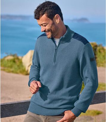 Bawełniany, niebieski sweter z wykładanym kołnierzem Mężczyzna Atlas For Men - Kolor : Niebieski - Rozmiar : 4XL