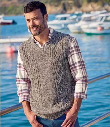 Trykotowy sweter bez rękawów z warkoczami Mężczyzna Atlas For Men - Kolor : Brązowy - Rozmiar : 4XL