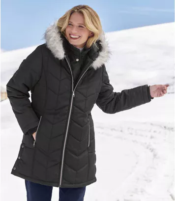 Ciepła, pikowana kurtka z kapturem z imitacją futerka Kobieta Atlas For Men - Kolor : Czarny - Rozmiar : 40/42