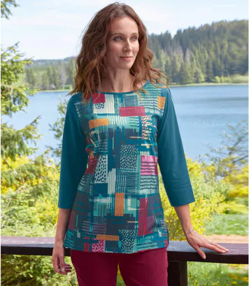 Bluzka inspirowana patchworkiem Kobieta Atlas For Men - Kolor : Niebieski - Rozmiar : 36/38