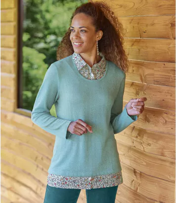 Sweter 2 w 1 z cienkiej dzianiny i wstawką imitującą koszulę Kobieta Atlas For Men - Kolor : Niebieski - Rozmiar : 36/38