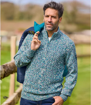 Niebieski sweter z wykładanym kołnierzem z melanżowej dzianiny Mężczyzna Atlas For Men - Kolor : Niebieski - Rozmiar : 5XL