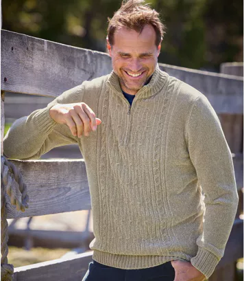Sweter z dzianiny szenilowej z wykładanym kołnierzem Mężczyzna Atlas For Men - Kolor : Beżowy - Rozmiar : 5XL