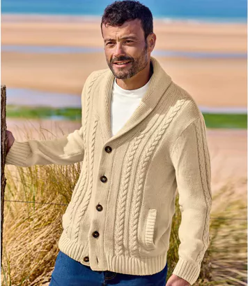 Trykotowy kardigan z warkoczami i kołnierzem szalowym Mężczyzna Atlas For Men - Kolor : Beżowy - Rozmiar : 4XL