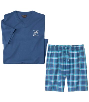 Piżama z szortami w kratkę z bawełnianego dżerseju Mężczyzna Atlas For Men - Kolor : Niebieski - Rozmiar : M