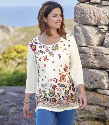 Bluzka z kwiatowym nadrukiem Kobieta Atlas For Men - Kolor : Biały - Rozmiar : 36/38