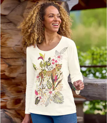 Bluzka z nadrukiem pantery Kobieta Atlas For Men - Kolor : Biały - Rozmiar : 36/38