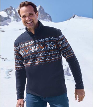 Sweter z mikropolaru z suwakiem i w żakardowe motywy Mężczyzna Atlas For Men - Kolor : Granatowy - Rozmiar : 5XL