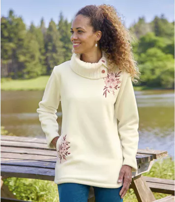 Polarowy sweter z haftami i trykotowym kołnierzem Kobieta Atlas For Men - Kolor : Biały - Rozmiar : 44/46