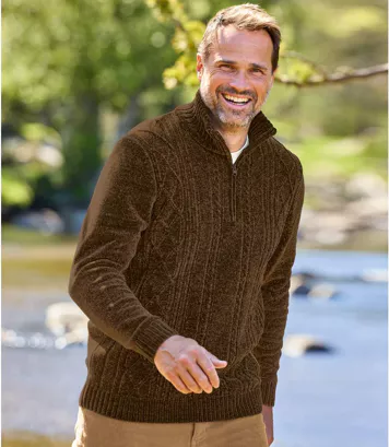 Sweter z dzianiny szenilowej z wykładanym kołnierzem Mężczyzna Atlas For Men - Kolor : Brązowy - Rozmiar : 4XL