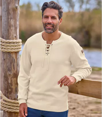 Trykotowy sweter z wiązanym kołnierzem Mężczyzna Atlas For Men - Kolor : Beżowy - Rozmiar : 4XL