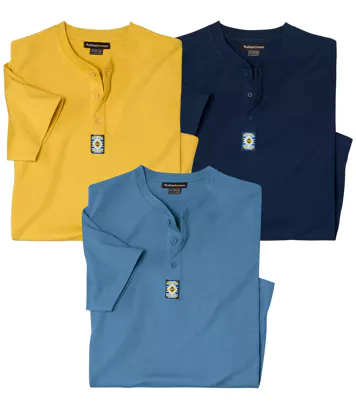 Zestaw 3 bawełnianych koszulek z dekoltem z guzikami Mężczyzna Atlas For Men - Kolor : Granatowy - Rozmiar : 4XL