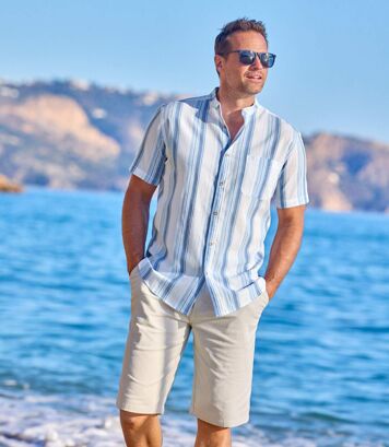 Koszula z kreponu w paski ze stójką Mężczyzna Atlas For Men - Kolor : Pasiasty - Rozmiar : 5XL