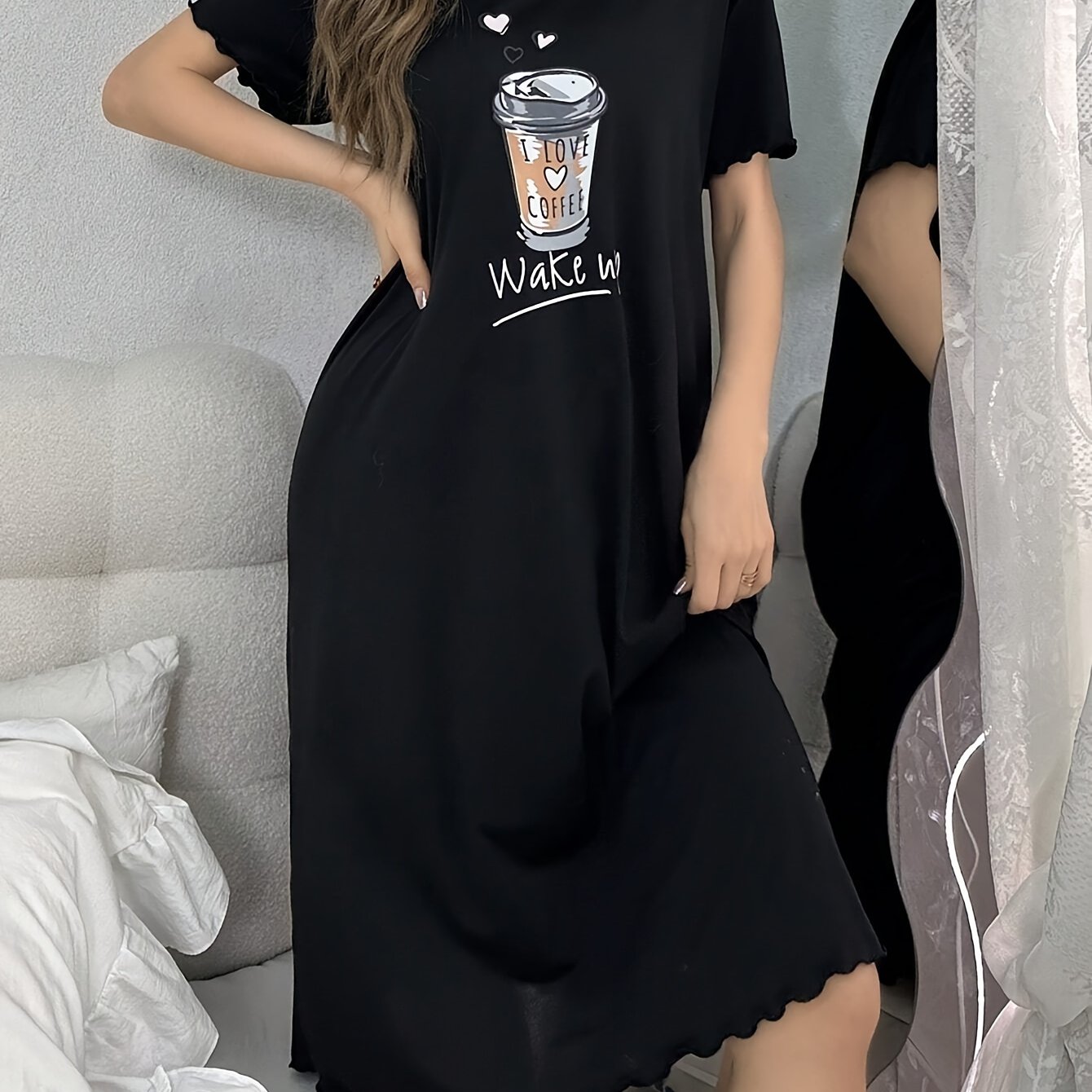 TEMU Elegancka, codzienna koszula damska z krótkim rękawem i falbankami, z nadrukiem w kawę, na