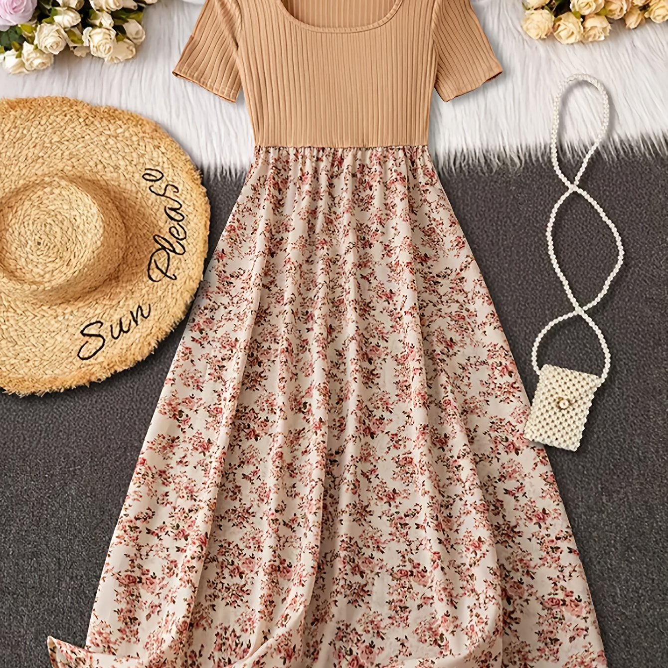 TEMU Damska sukienka A-line w kwiatowy wzór w stylu vintage - & Brązowy kwiatowy wzór, Można prać w pralce, Elegancki strój na co dzień i na formalne