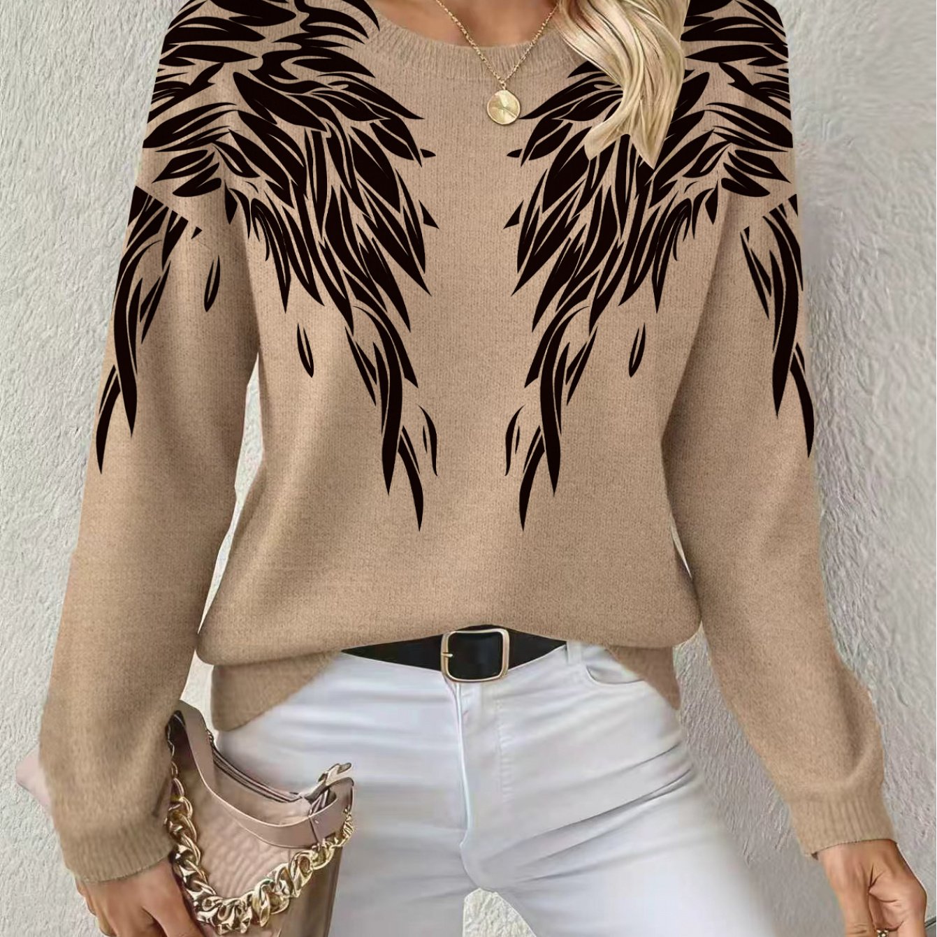 TEMU Nowy jesienno-zimowy damski sweter z okrągłym dekoltem i nadrukiem 2D, miękki i wygodny materiał zapewniający ciepło i oddychalność. Elegancki