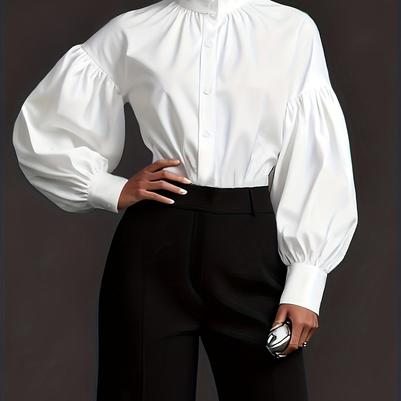 TEMU Elegancka Koszula Damska w Stylu Francuskim z Stojącym Kołnierzem, Długi Rękaw i Latarniane Rękawy - YTD