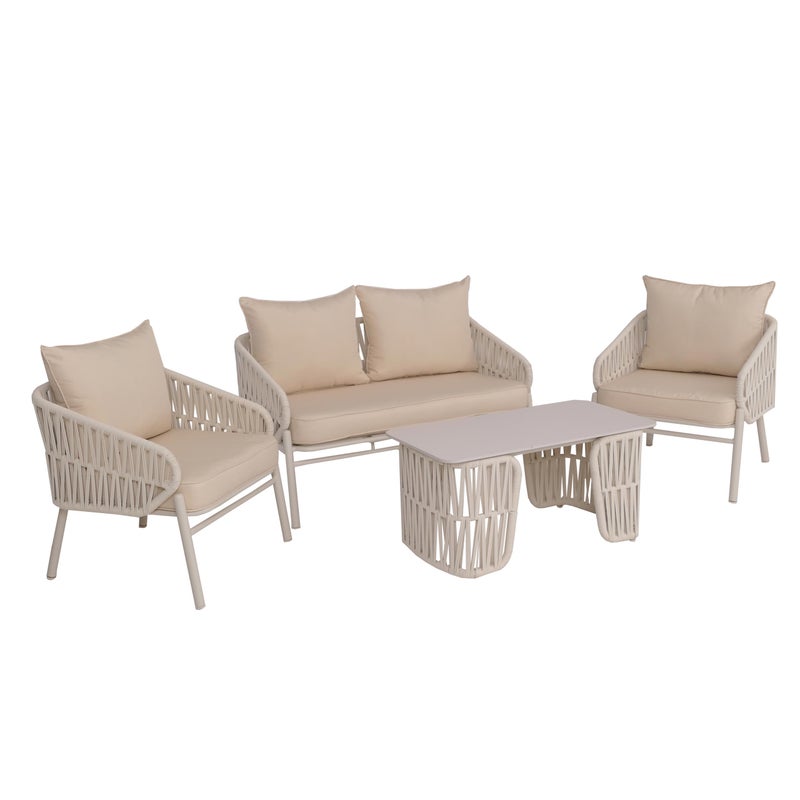 Zestaw ogrodowy HWC-P90, zestaw wypoczynkowy Sofa ogrodowa Fotel Stół, plecionka linowa Tkanina/materiał (180 g/m²) ~ kremowy