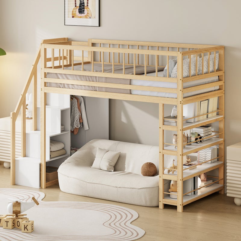 Łóżko antresolowe 90 x 200 cm z szafą, półkami i 3 przegrodami - Sosna + sklejka + MDF - Kolor naturalnego drewna