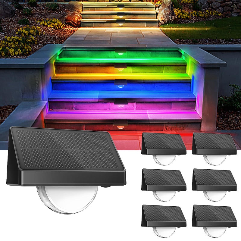 Zestaw 6 solarnych lamp zewnętrznych do schodów, wodoodporne IP65, wiele trybów kolorów, do schodów ogrodowych, stopni i chodników