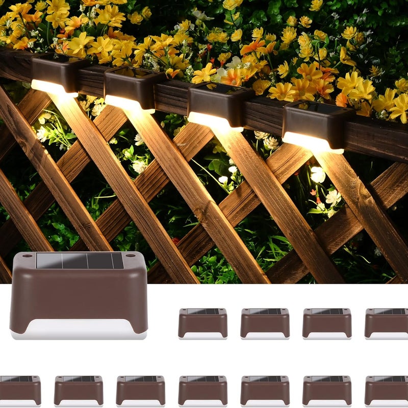 Wodoszczelne lampy solarne zewnętrzne, zestaw 12 sztuk, do schodów, stopni, ogrodzeń i tarasów (brązowe, ciepła biel)