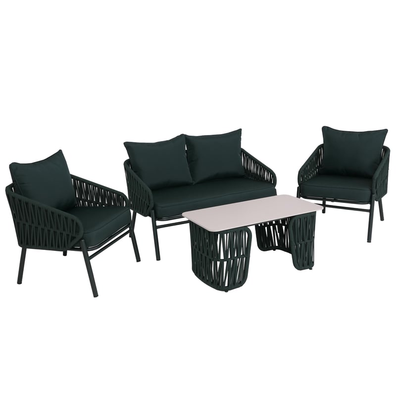 Zestaw ogrodowy HWC-P90, zestaw wypoczynkowy Sofa ogrodowa Fotel Stół, plecionka linowa Tkanina/materiał (180 g/m²) ~ zielony