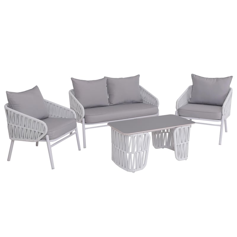 Zestaw ogrodowy HWC-P90, zestaw wypoczynkowy Sofa Fotel Stół, plecionka linowa Tkanina/materiał (180 g/m²) ~ jasnoszary