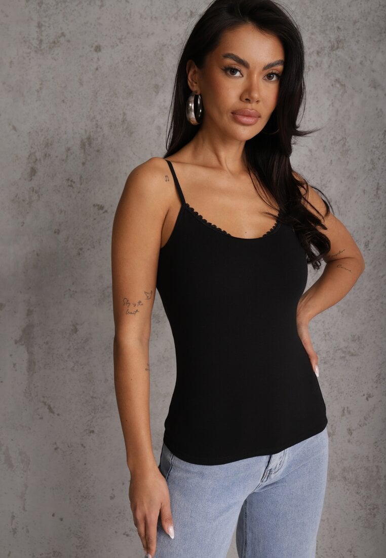 Czarny Bawełniany Top Bieliźniany z Koronką przy Dekolcie Berinda