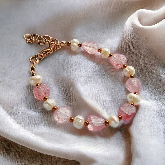 Kwarc truskawkowy & PERŁY - bransoletka
