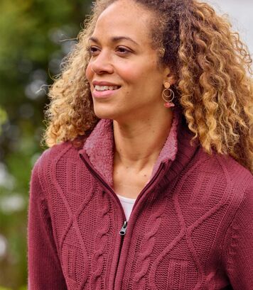 Trykotowy kardigan z warkoczami i kołnierzem z kożuszka sherpa Kobieta Atlas For Men - Kolor : Różowy - Rozmiar : 48/50