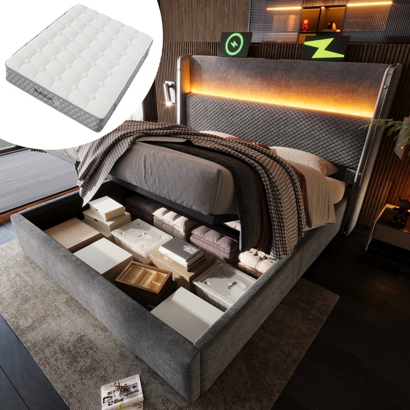 Łóżko tapicerowane 180x200cm, łóżko małżeńskie z oświetleniem LED, miejscem do przechowywania i portami USB/Type-C, lniane, szare, z materacem
