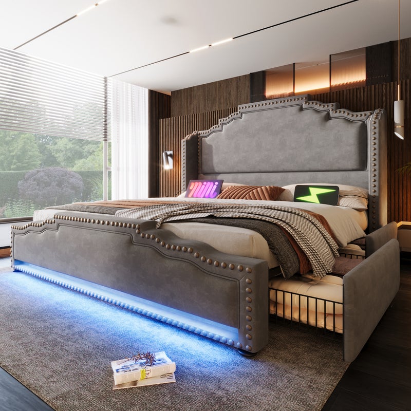 Łóżko tapicerowane 160x200 cm, łóżko małżeńskie z 4 szufladami, pojemnikiem na pościel i łóżkiem młodzieżowym na stelażu, szare, bez materaca