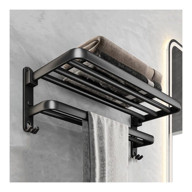 Zestaw do przechowywania w łazience – czarny aluminiowy wieszak na ręczniki – nie wymaga wiercenia – elegancki i praktyczny, 50 cm
