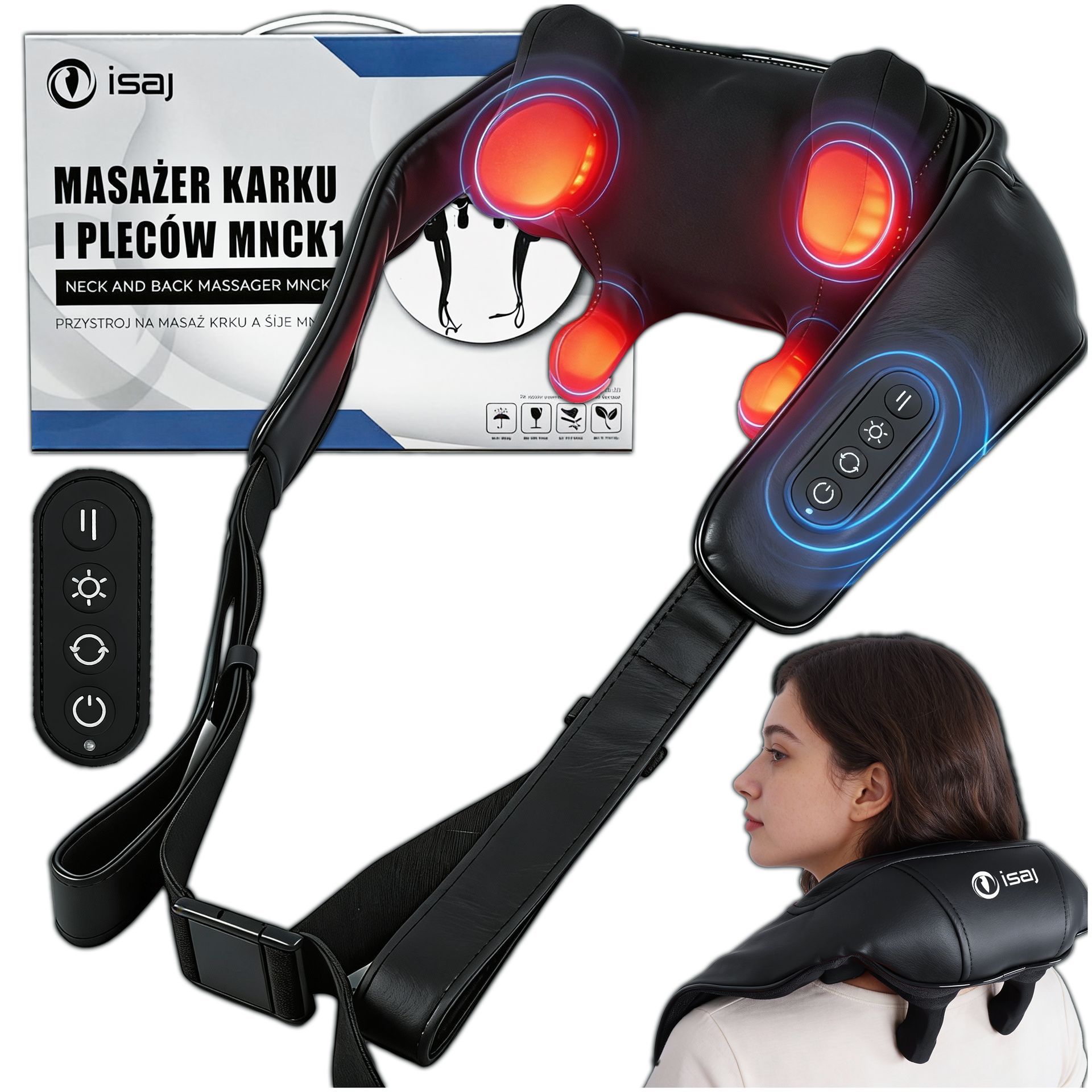 MASAŻER BEZPRZEWODOWY DO SZYI KARKU PLECÓW RAMION PODGRZEWANY SHIATSU ISAJ