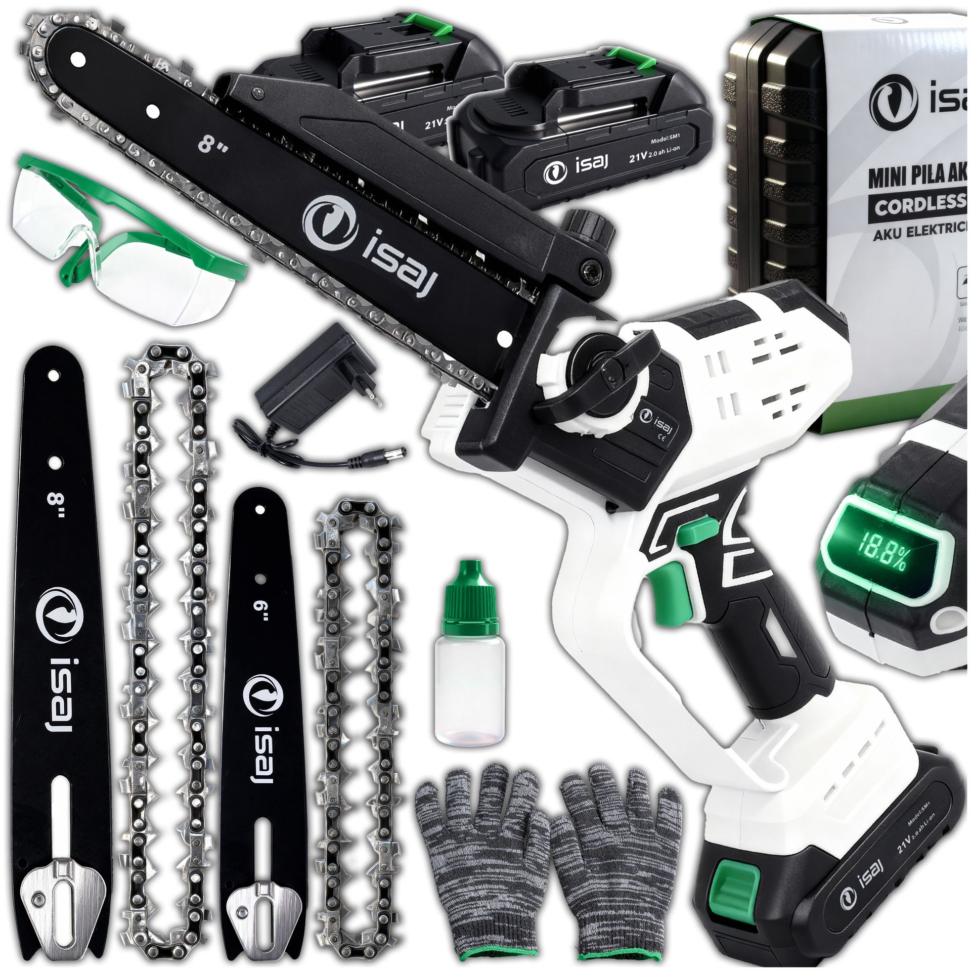 PIŁA ŁAŃCUCHOWA AKUMULATOROWA ISAJ SM1 PILARKA PIŁA DO DRZEWA 8 CALI 2 X AKU 21V