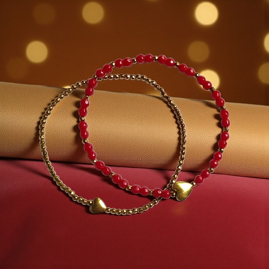 Komplet czerwono-złoty : bransoletki z serduszkami : na prezent