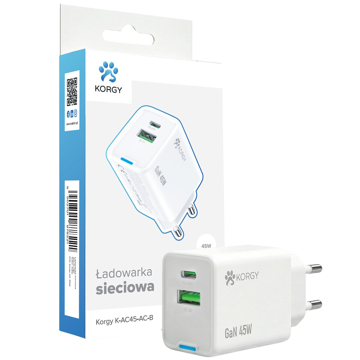 Ładowarka sieciowa Korgy K-AC45-AC-B 18W PD45W USB-A USB-C