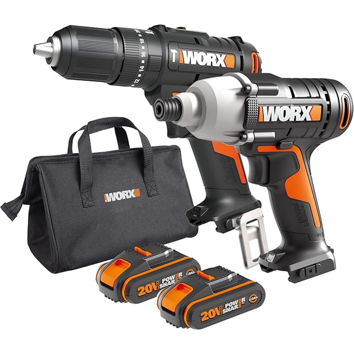 WORX WX902 Wiertarko-wkrętarka udarowa WX370.9 + Zakrętarka udarowa WX291.9 + Ładowarka + 2x Akumulator 20 V 2Ah + Torba