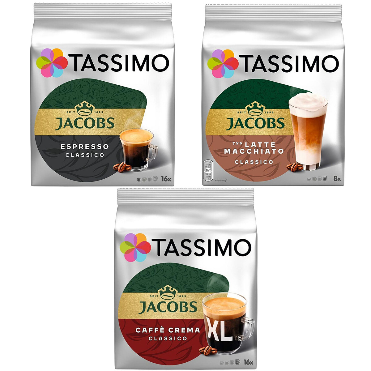 Zestaw kapsułek Tassimo Jacobs Latte Macchiato Classico 8 szt. + Cafe Crema Classico XL 16 szt. + Espresso Classico 16 szt.