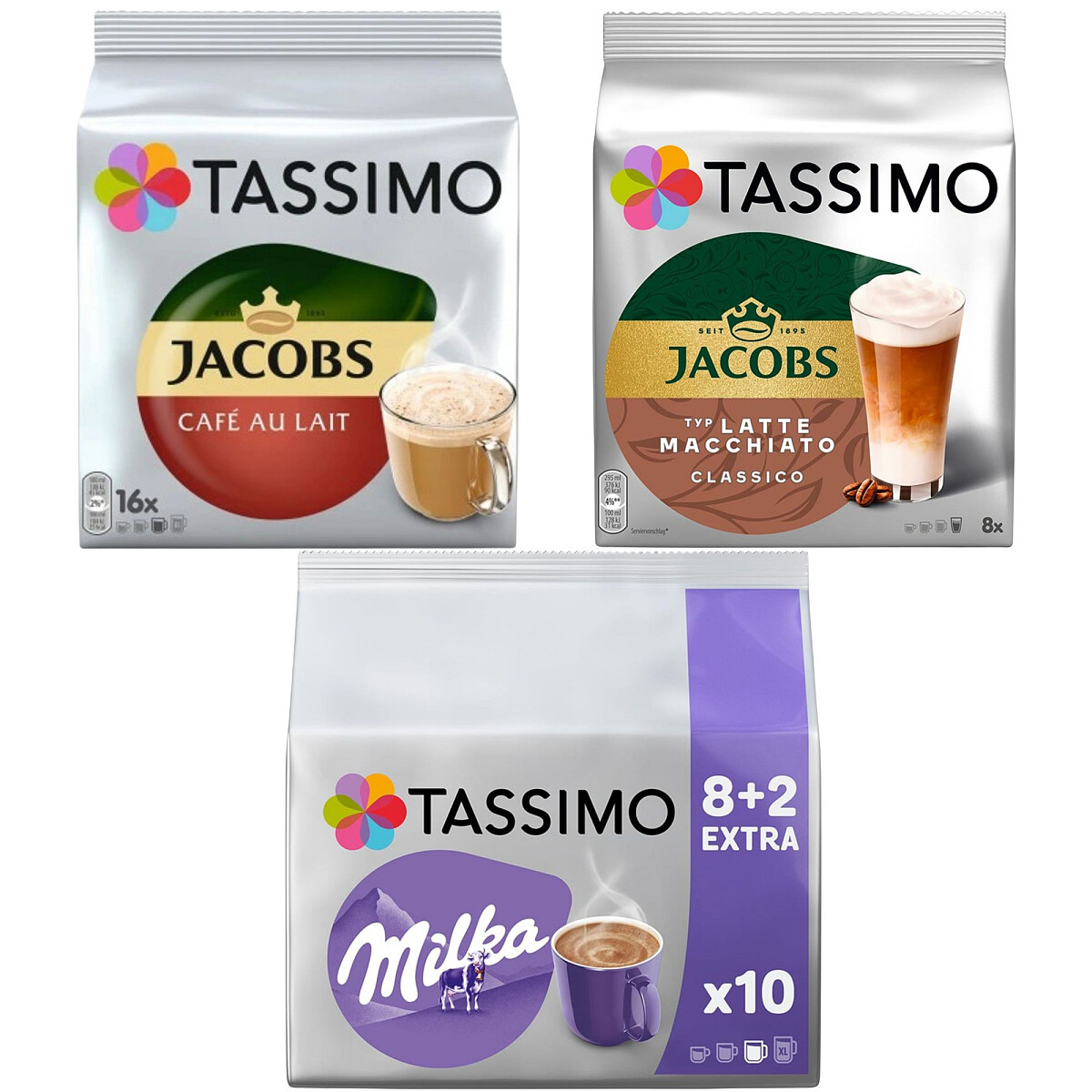 Zestaw kapsułek Tassimo Jacobs Latte Macchiato Classico 8 szt. + Cafe Au Lait 16 szt. + Milka 10 szt.
