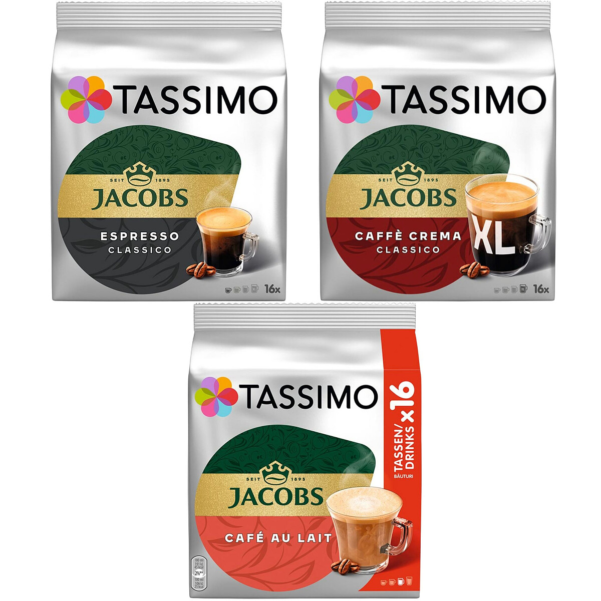 Zestaw kapsułek Tassimo Jacobs Espresso Classico 16 szt. + Caffe Crema Classico XL 16 szt. + Cafe Au Lait 16 szt.