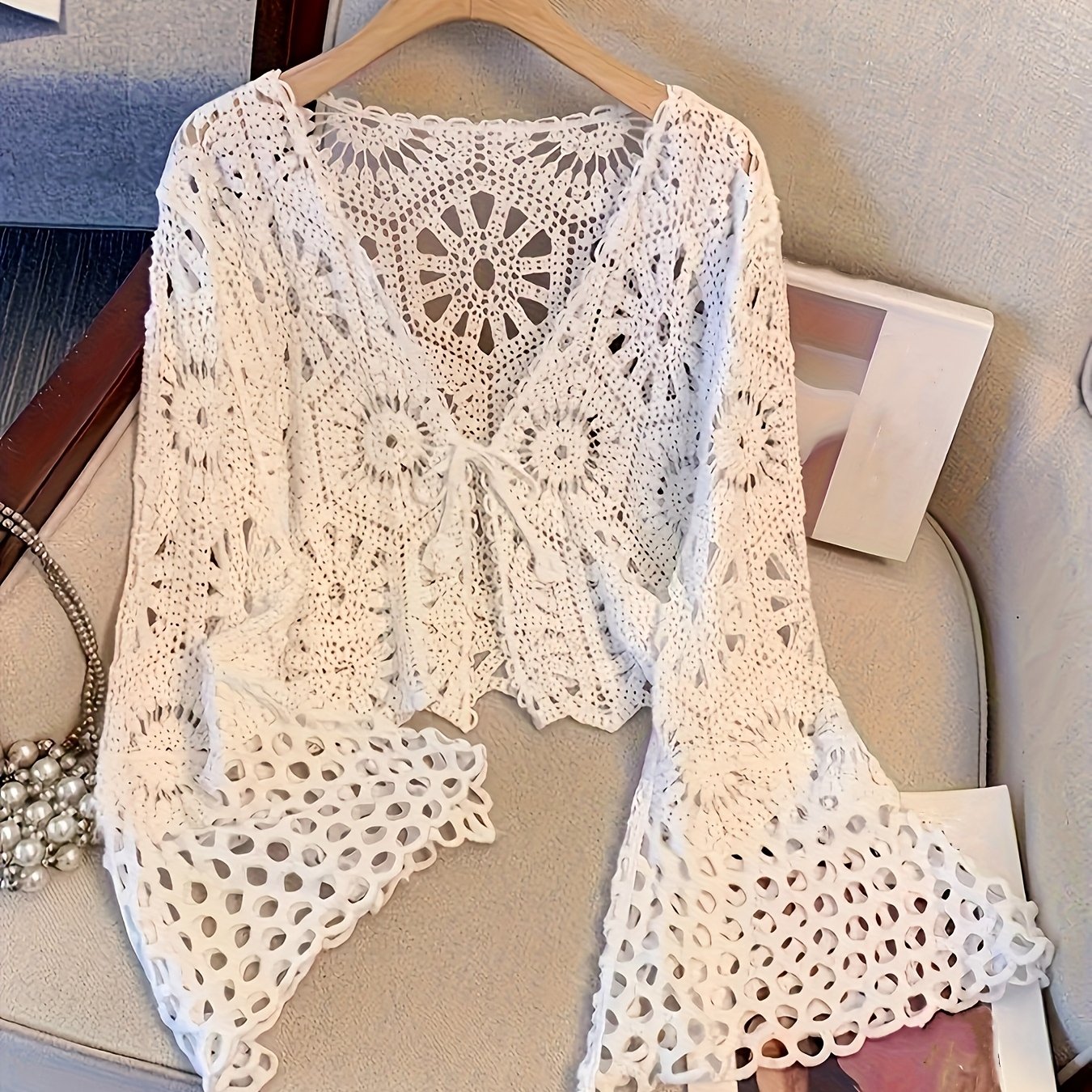 TEMU Kardigan z dzianiny wiązane z przodu, swobodny kardigan z długim rękawem z wycięciami, odzież damska