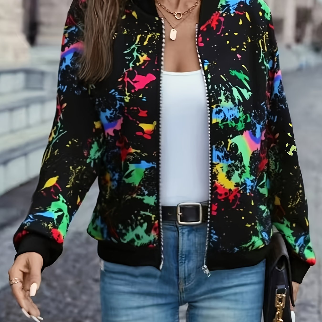 TEMU Wiosenno-Jesienna Kurtka Damska Casual z Geometrycznym Kwiatowym Nadrukiem 3D i Zamkiem