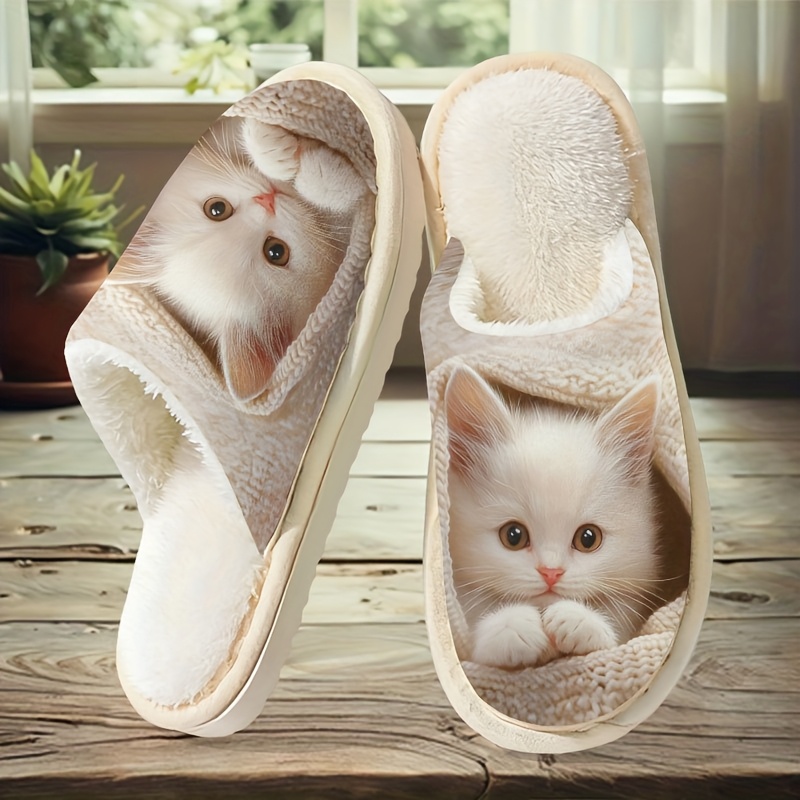 TEMU Urocze Kapcie z Nadrukiem Białego Kociaka - Domowe Buty w Stylu Zwierzęcym z Nadrukiem, Wygodne i Ciepłe, Przytulny Trendowy Produkt dla