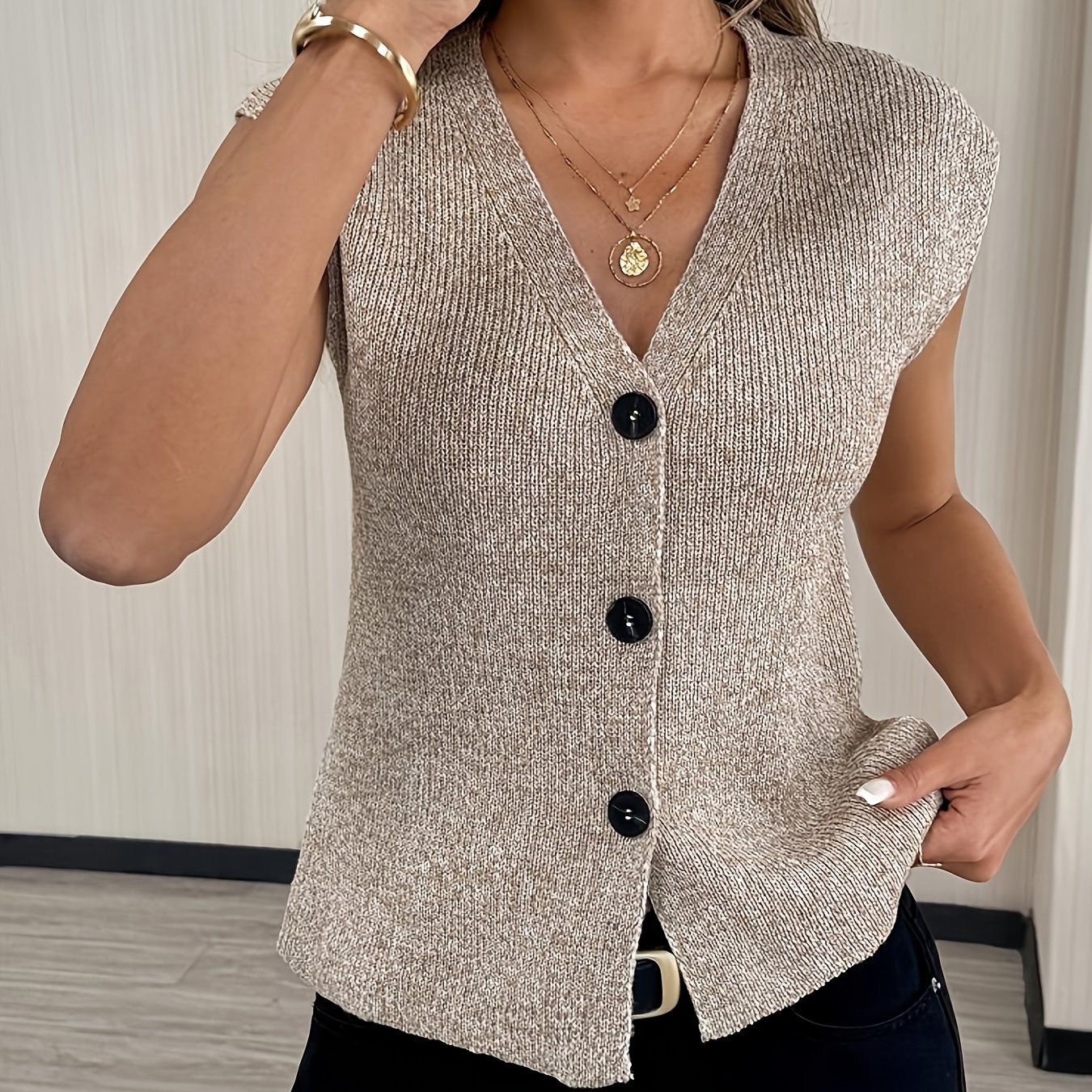 TEMU Damski Kardigan Bez Rękawów, Elegancki Top z Dekoltem w Serek na Każdy Dzień